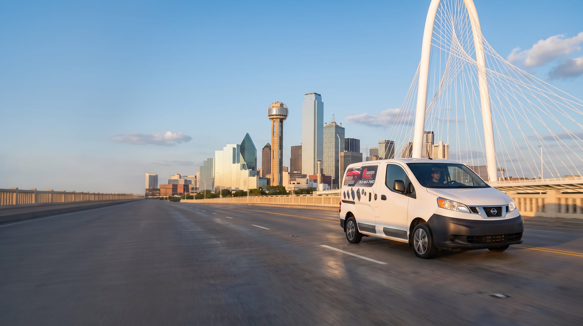 Smart Key Locksmith service van crossing the Margaret Hunt Hill Bridge in Dallas